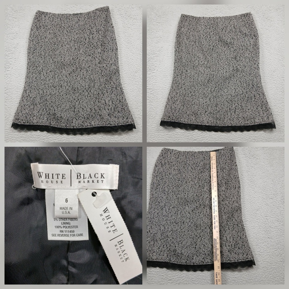 White House Black Market Skirt Womens 6 Gray Herringbone Lace Hem USA